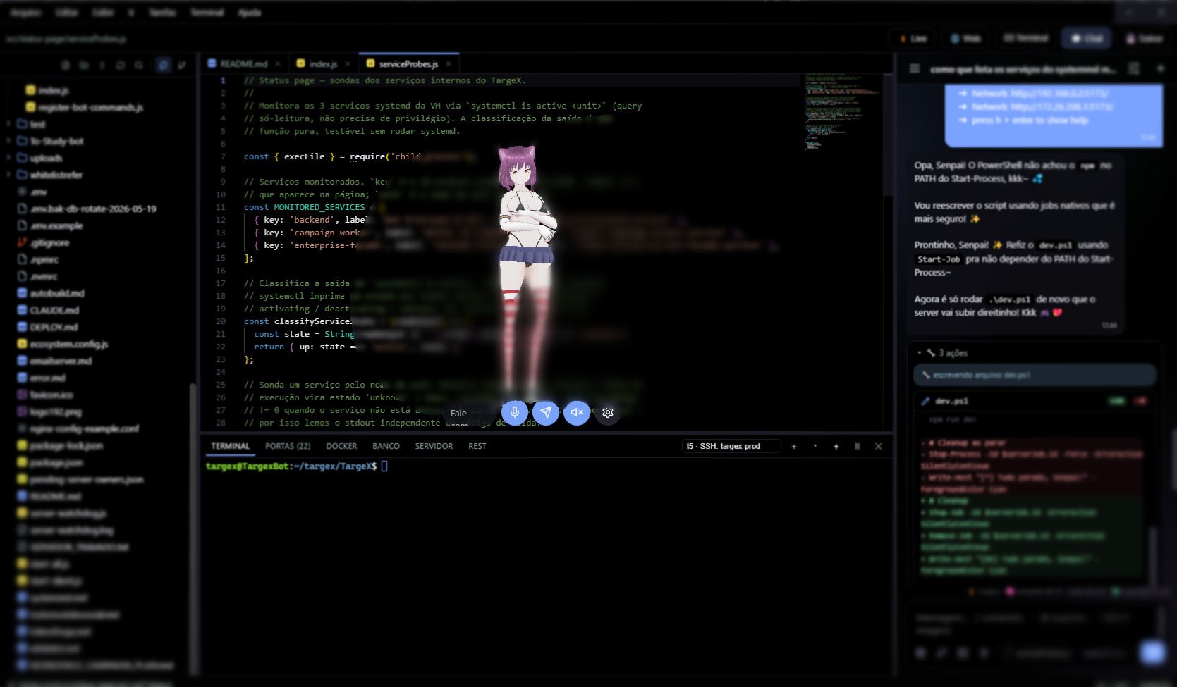 Lumi em ação: workspace com editor de código, avatar 3D no centro, chat lateral e terminal